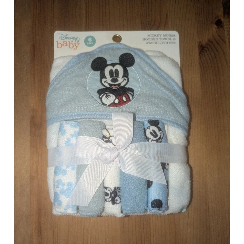 Disney Baby Mickey Mouse Hooded Towel with 5 Piece Washcloth Set